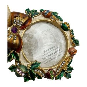 Gold‎ Metal Christmas Photo Frame Ornament Holly Bow Rhinestones 4” NIB